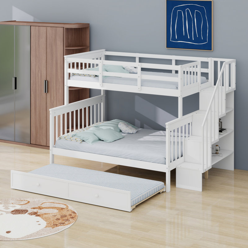 Lit superposé avec lit gigogne, rangement et barrière de sécurité pour chambre à coucher, dortoir, pour adultes