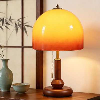 Small Brown Solid wood + Metal Modern Table Lamp with Glass Shade for Bedroom Living Room, Bulb Included