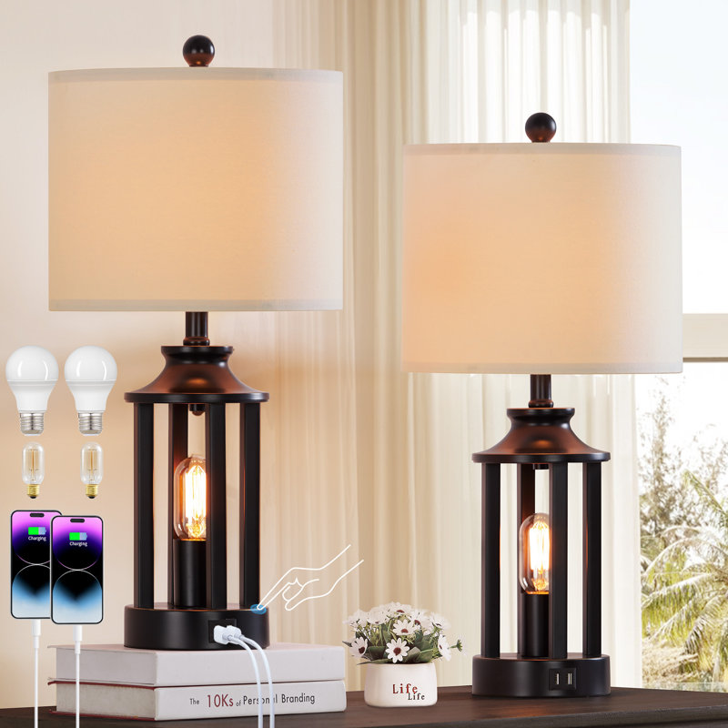 Cochranville 23.6" Dimmable Lantern Table Lamp Set with Night Light and USB Ports, Black, White