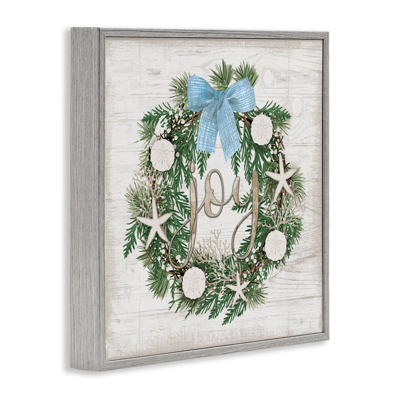 Couronne de Noël côtière, art de la giclée encadrée, design par Jennifer Pugh, H 12 po x l 12 po, Estampe numérique Farmhouse