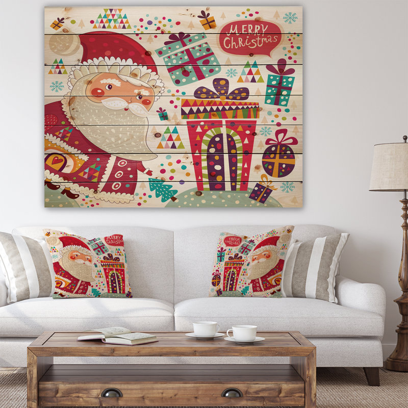 « père noël avec noël cadeaux », peinture, H 15 po x l 20 po x P 1 po, Bois