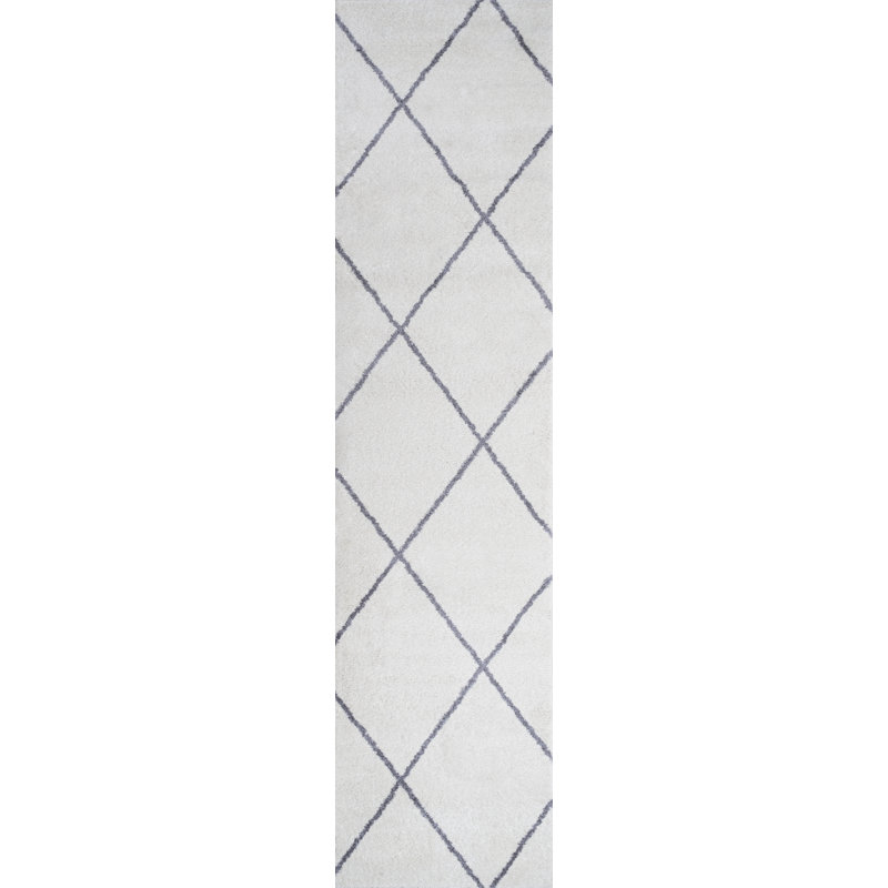 Bertrice Minimalist Diamond Trellis White/Gray Rug, Runner 2' x 10'