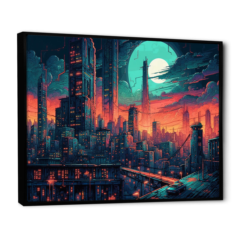 «Green and Orange Metropolis Deco II», reproduction sur toile, H 30 po x l 40 po x P 1,5 po, Cadre flottant noir
