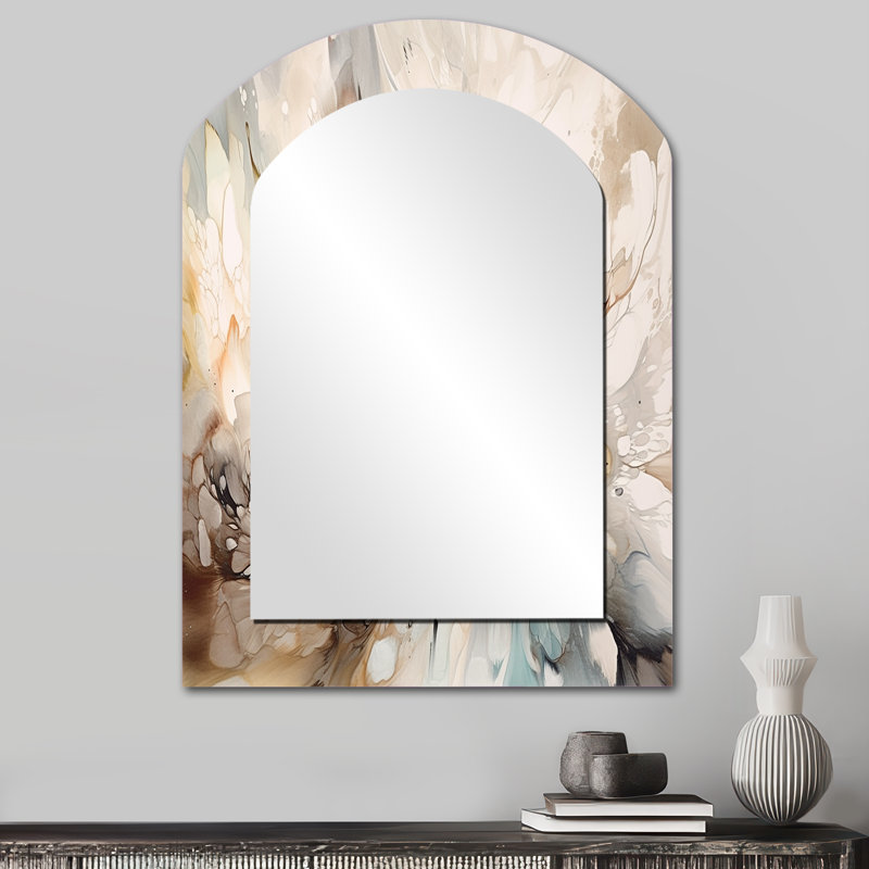 «White and Grey Geometric Profondeurs I - Miroir mural décoratif asymétrique géométrique, grand miroir à arche beige, impression sur métal