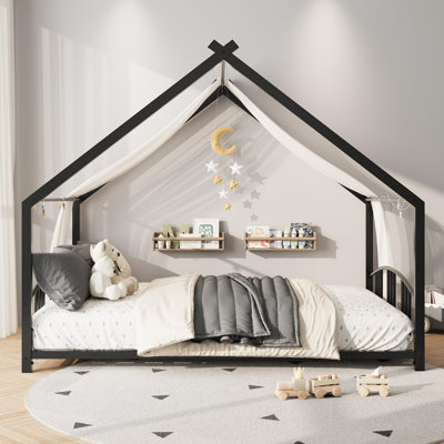 Full Size Montessori Metal House Floor Bed Frame with Rail, Black Low-Profile Floor Bed Design with Roof, DIY Toddler Bed for Boys/Girls, Sturdy Safety, No Box Spring Needed, Easy Assembly
