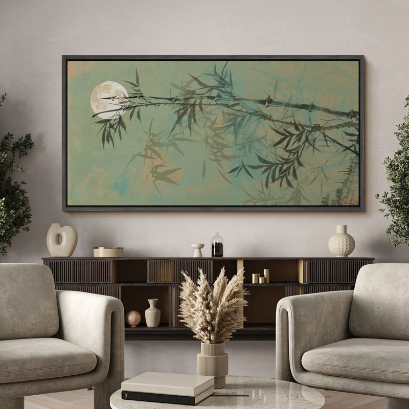 Décoration murale horizontale abstraite, moderne, minimaliste, moderne, tige, bambou, vert, lune, H 20 po x l 60 po