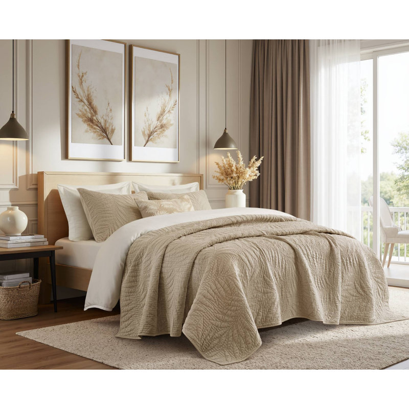 Ensemble de courtepointe en coton 3 pièces pour très grand lit, Courtepointe très grand + 2 taies d'oreiller, Tanné