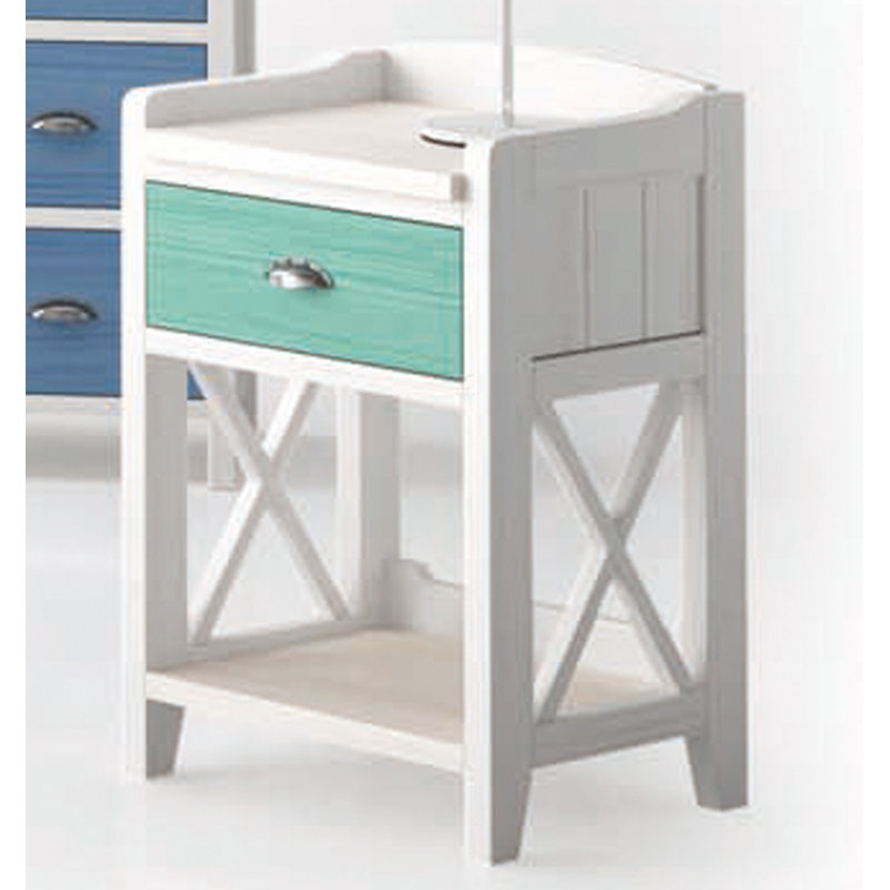 48cm W Solid + Manufactured Wood Bedside Table, Distressed White/Aquamarine Drawer