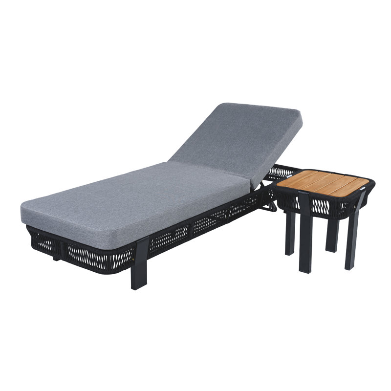 Ensemble de chaise longue Bodhi tissé avec dossier réglable, table d'appoint et coussin, Gray Cushion/Black Frame, 1