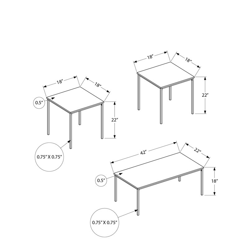Moderne 3 tables basses, 2 tables basses et 2 tables de bout, dessus en stratifié gris, structure en métal noir avec détails