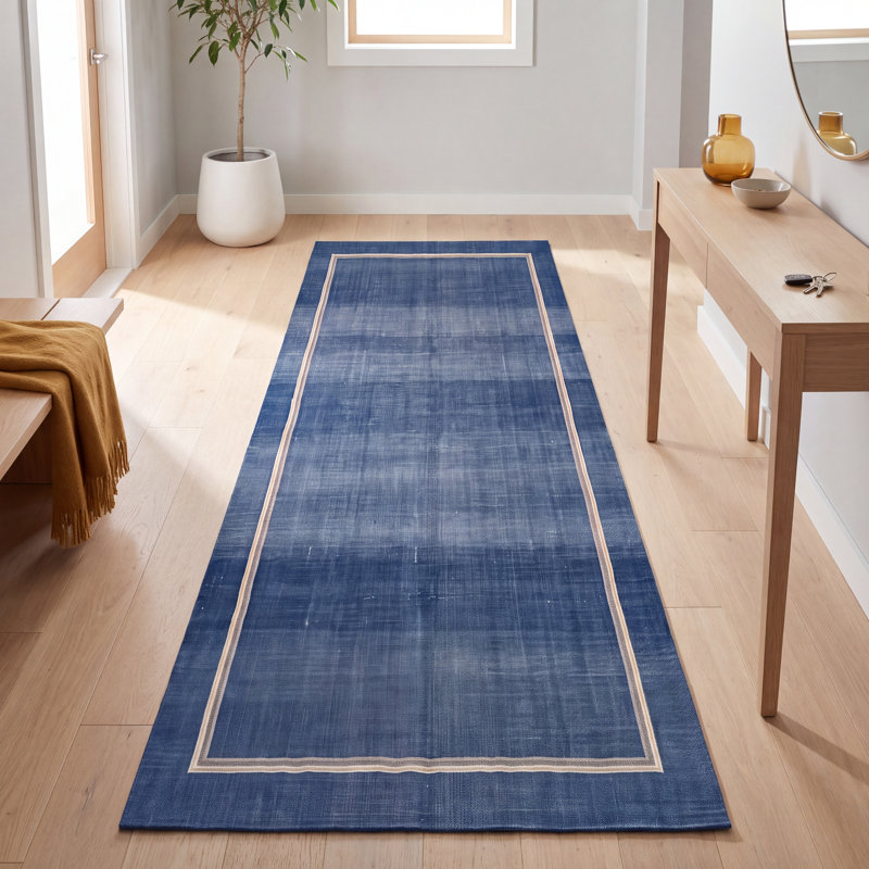 Tapis en lin moderne et minimaliste à bordure géométrique, bleu, gris, or, crème, ivoire, lavable à la machine, antidérapant, à poils courts, pour l'intérieur et l'extérieur, adapté aux animaux domestiques, idéal pour le salon, la chambre, la salle à manger, l'entrée, le couloir ou le bureau.