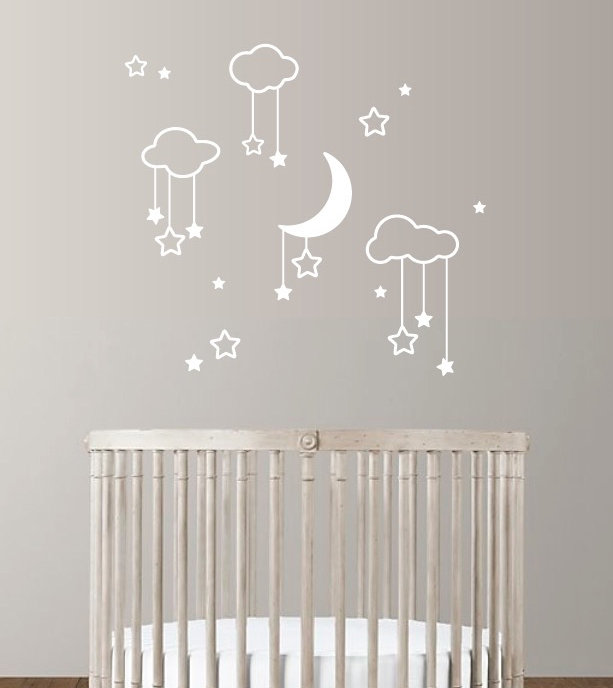 Décalcomanie murale étoiles et nuages lune, H 22 po x l 24 po x P 0,01 po, Blanc