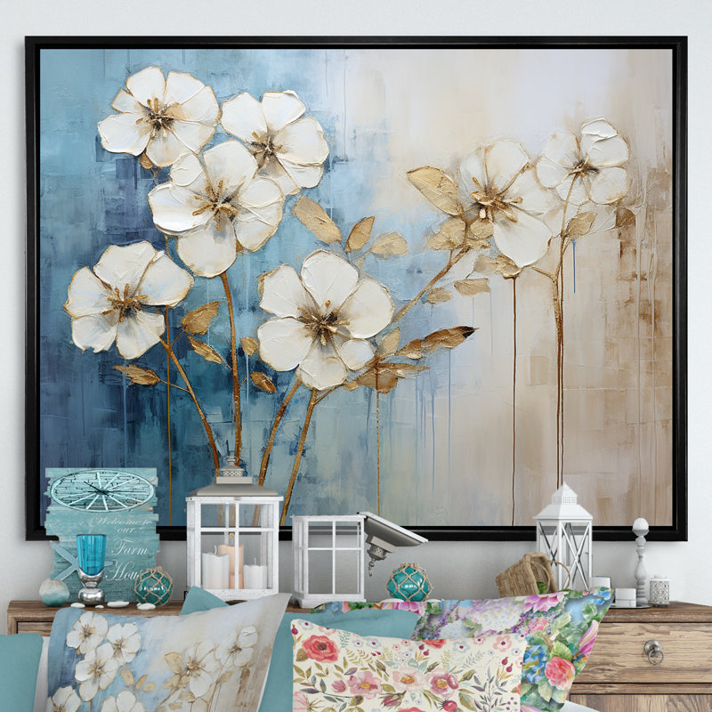 " Golden Blue Geraniums Bloom ", Black Floater Framed, 34" H x 44" W x 1.5" D