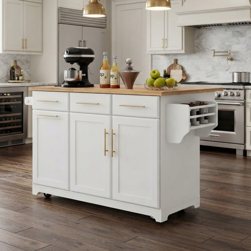 Îlot de cuisine roulant de 150,5 cm (59,3 po) avec rangement, comptoir rabattable, organisateurs de placards coulissants, rangement pour poubelle et prise de courant pour la cuisine et la salle à manger