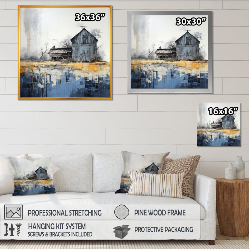 Mystic beige et grange bleue sur toile, H 30 po x l 30 po x P 1 po, Encadrement doré