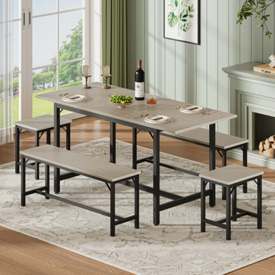 Ensemble de table de salle à manger extensible pour 4-8, grande table de cuisine extensible de 63 po avec 2 bancs et 2 tabourets, plateau en bois moderne et structure en métal, peu encombrant, facile à assembler