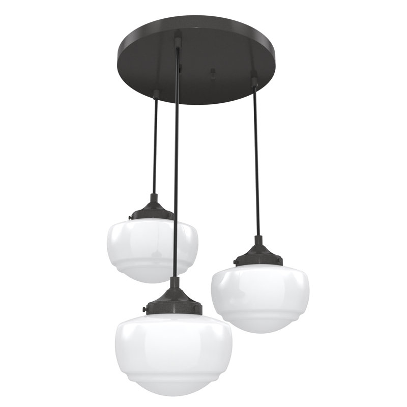 Saddle Creek 3 - Light Schoolhouse Cluster Pendant, Noble Bronze, Cased White