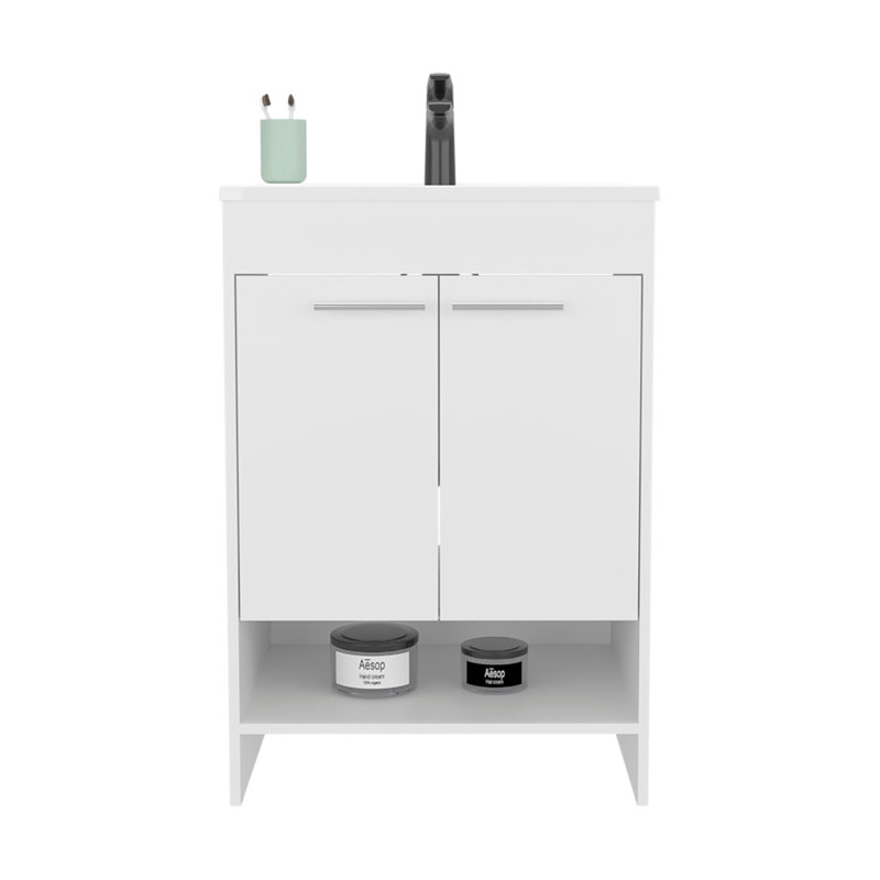 Meuble-lavabo de salle de bain avec lavabo, 2 portes, 2 tablettes, blanc, Blanc