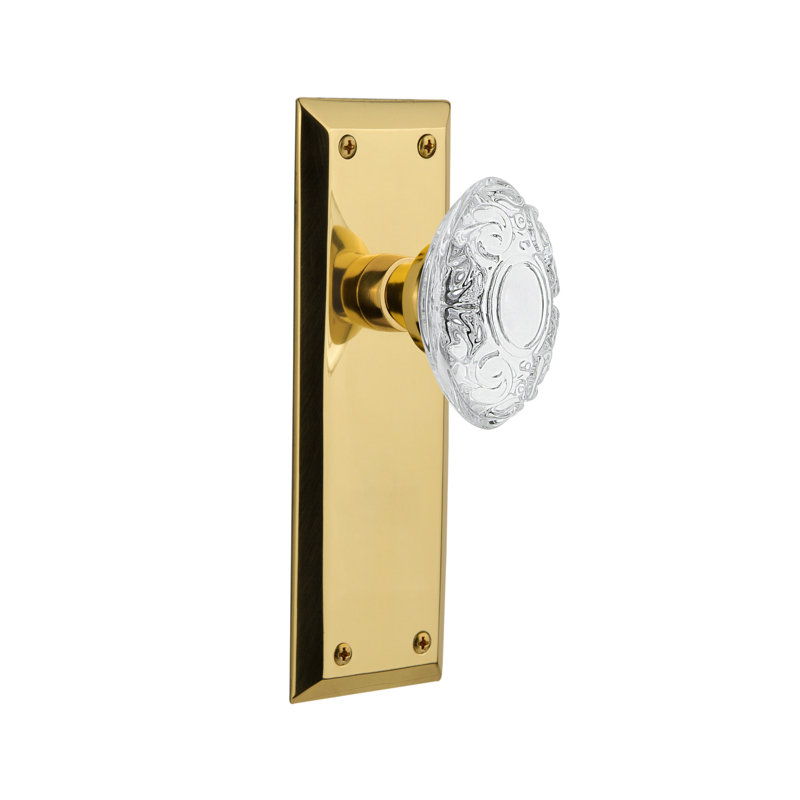 New York Plate with Crystal Victorian Knob, 2-3/4”, Unlaquered Brass