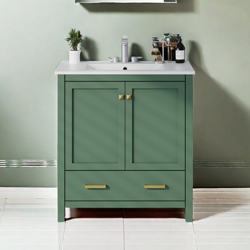 Meuble-lavabo vert 30 po avec lavabo simple, meuble-lavabo sous le comptoir, armoire de rangement pour la salle de bain avec 2 portes et un tiroir, fermeture en douceur, rangement multifonctionnel