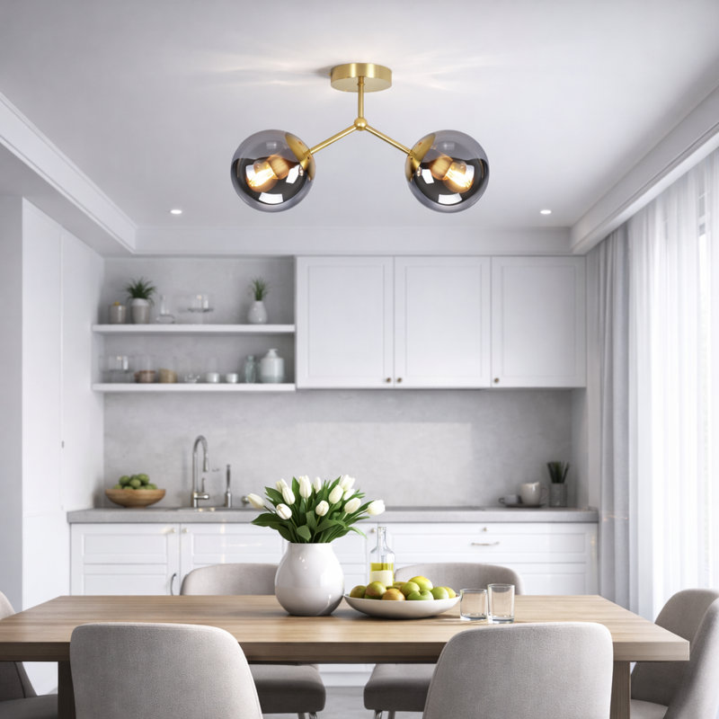 2-Light E27 Gold Glass Semi Flush Mount