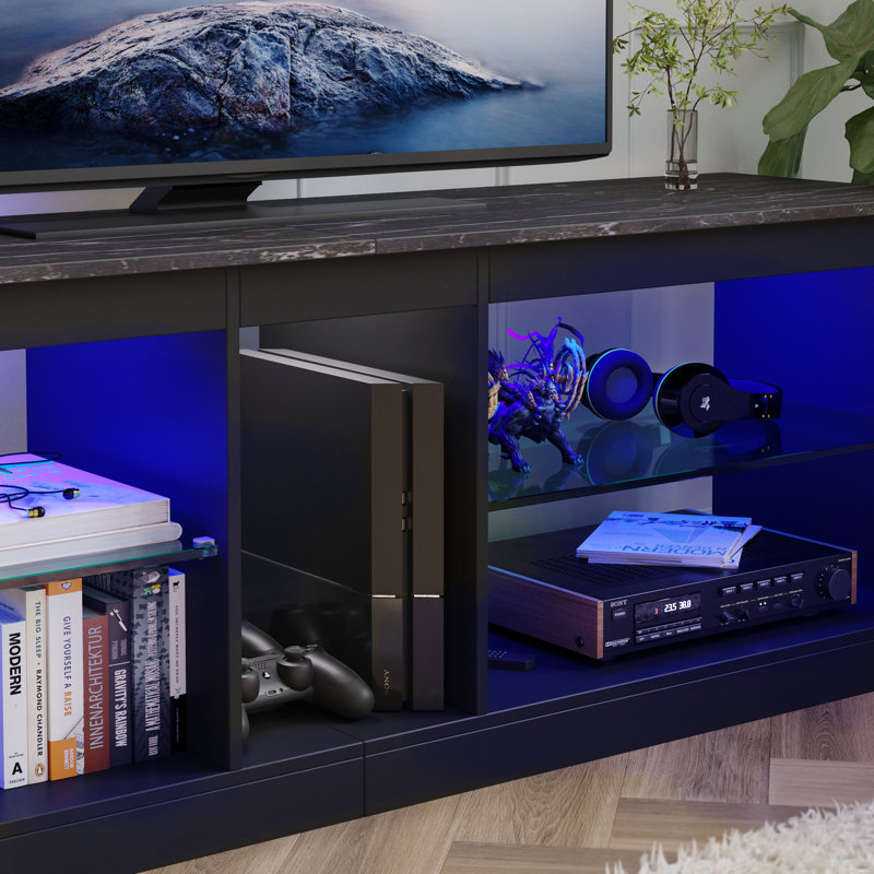 Meuble télé avec tablettes en verre Roika, Noir