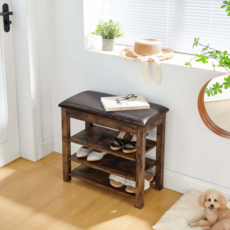 Height-Adjustable Long Rubber Wood Shoe-Changing Bench With Comfortable Seat And Concealed Storage Space, Vintage Wood