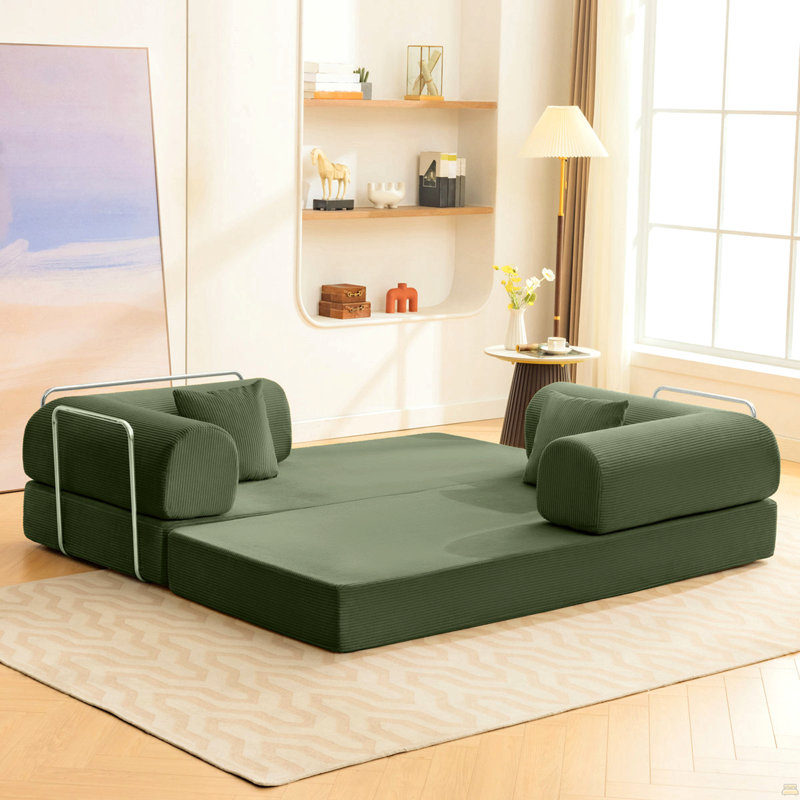 Canapé contemporain compressé en mousse haute densité, revêtement en velours côtelé vert olive, design modulaire, 1 pièce