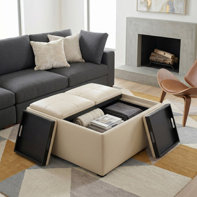 Repose-pieds de rangement pour table basse moderne en cuir végétalien l 35 po Avalon avec 4 plateaux rabattables Avalon
