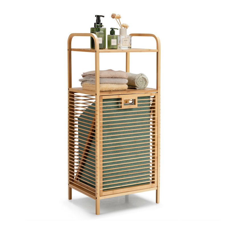 Panier à linge 2 en 1 en bambou inclinable avec 2 tablettes ouvertes et doublure amovible