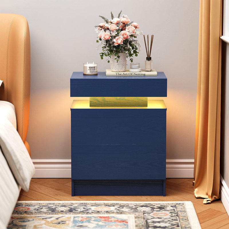 Westerly Modern Style Wooden Nightstand with LED Light and Storage Drawers, Navy Blue, 2