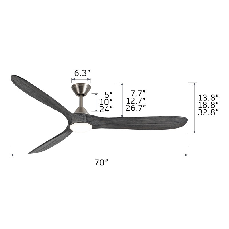 3 Blade Gray Solid Wood Ceiling Fan With Light And Remote Control, 70" Wide