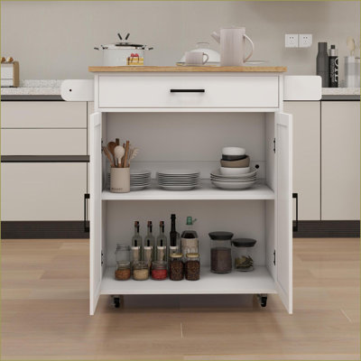 Chariot roulant pour îlot de cuisine avec tablettes réglables, porte-serviettes / amp; Plateau en bois d'hévéa | Blanc | Panneau de fibres à densité moyenne