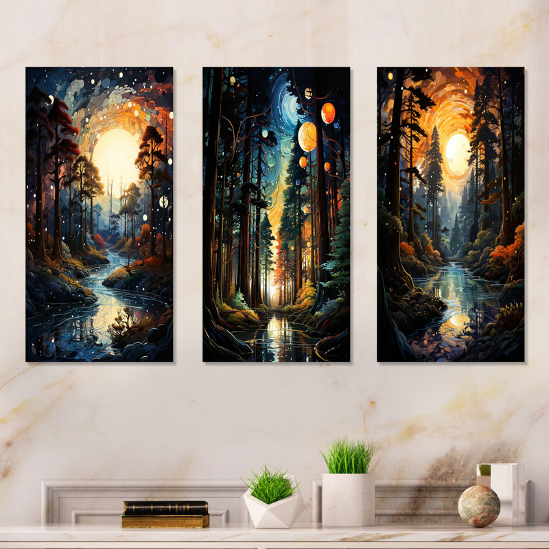 «Moonlight River Retreat Into The Forest I», ensemble d'art mural en métal 3 montagnes, H 28 po x l 36 po