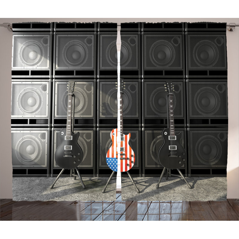 Guitar Decor Graphic Print Semi-Sheer Rod Pocket Curtain Panels, 54" W x 63" L