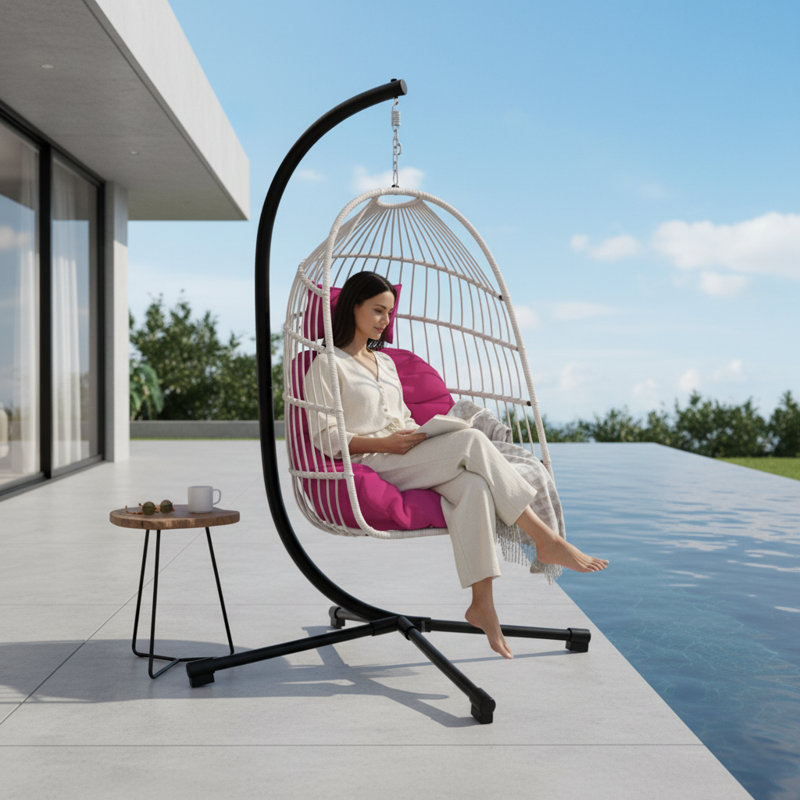 Fauteuil suspendu en osier rose pour l'extérieur avec support pour patio, intérieur ou jardin, Rose rouge