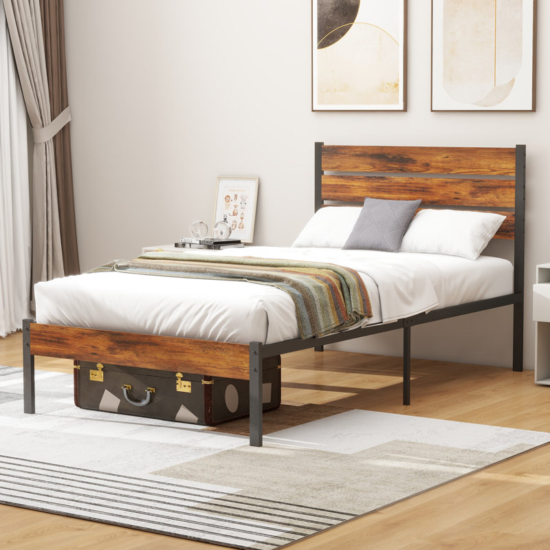 Base de lit plateforme avec tête et pied de lit en bois sans sommier, Lit simple