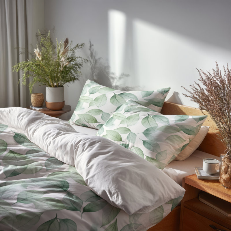 Ensemble de housse de couette Boho - Ensemble de literie et de coussins décoratifs 3 feuilles vertes zen
