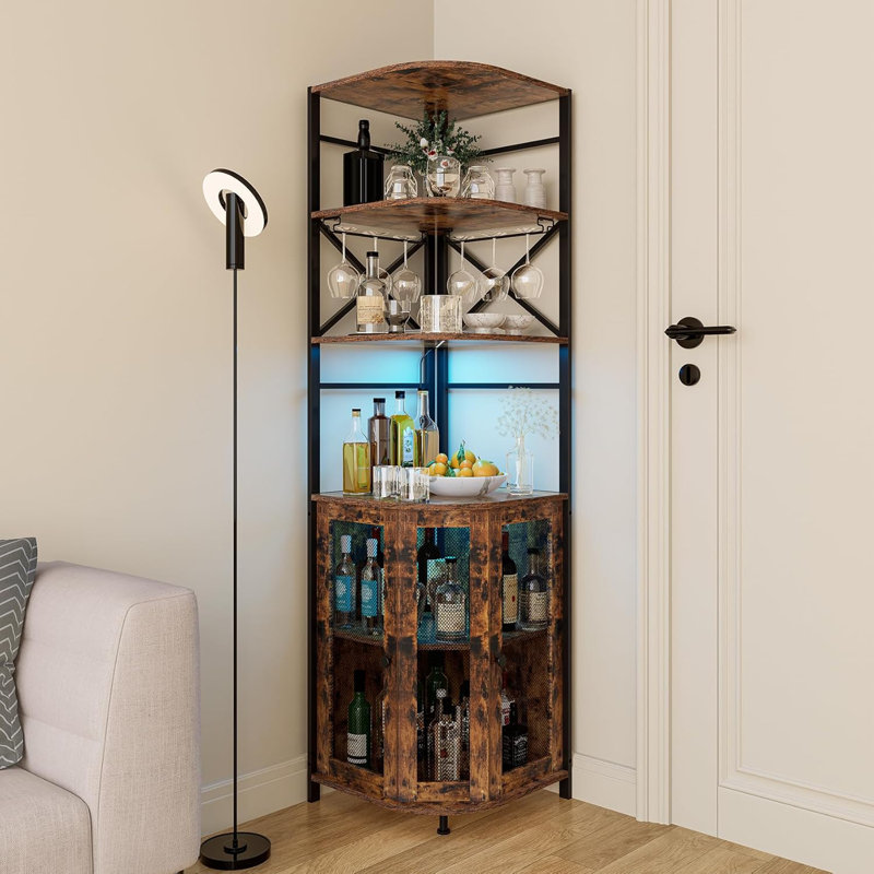 Rustic Brown Industrial Corner Wine Bar Cabinet with LED Lights