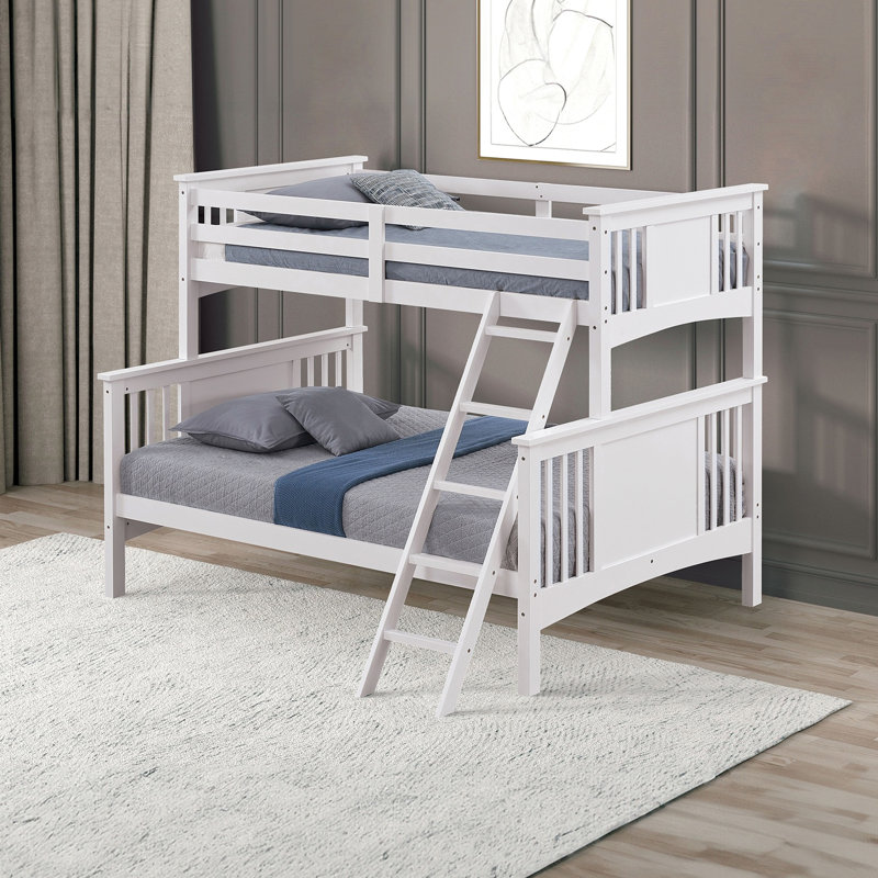 Lit simple superposé simple au-dessus d'un lit double de style transitionnel avec bois angulaire blanc, bois massif et bois d'ingénierie, lit à finition d'insertion et de verrouillage, assemblage en bois franc