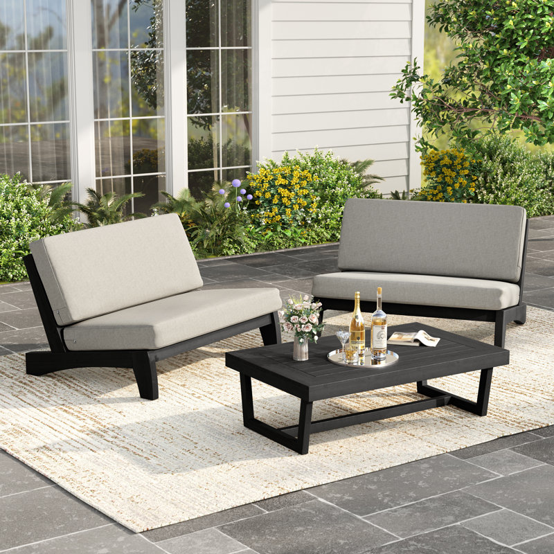 Polett Outdoor Conversation Set Solid Wood Group With Two Loveseats And Coffee Table, Light Camel, Black