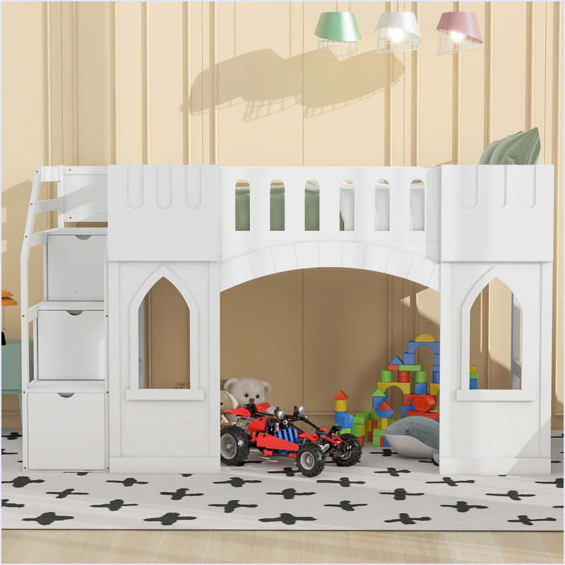 Lit mezzanine avec escalier de rangement et fenêtre, Blanc