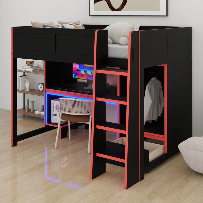 Lit mezzanine avec bureau intégré, garde-robe et lumières DEL, tiroir de rangement, Lit double
