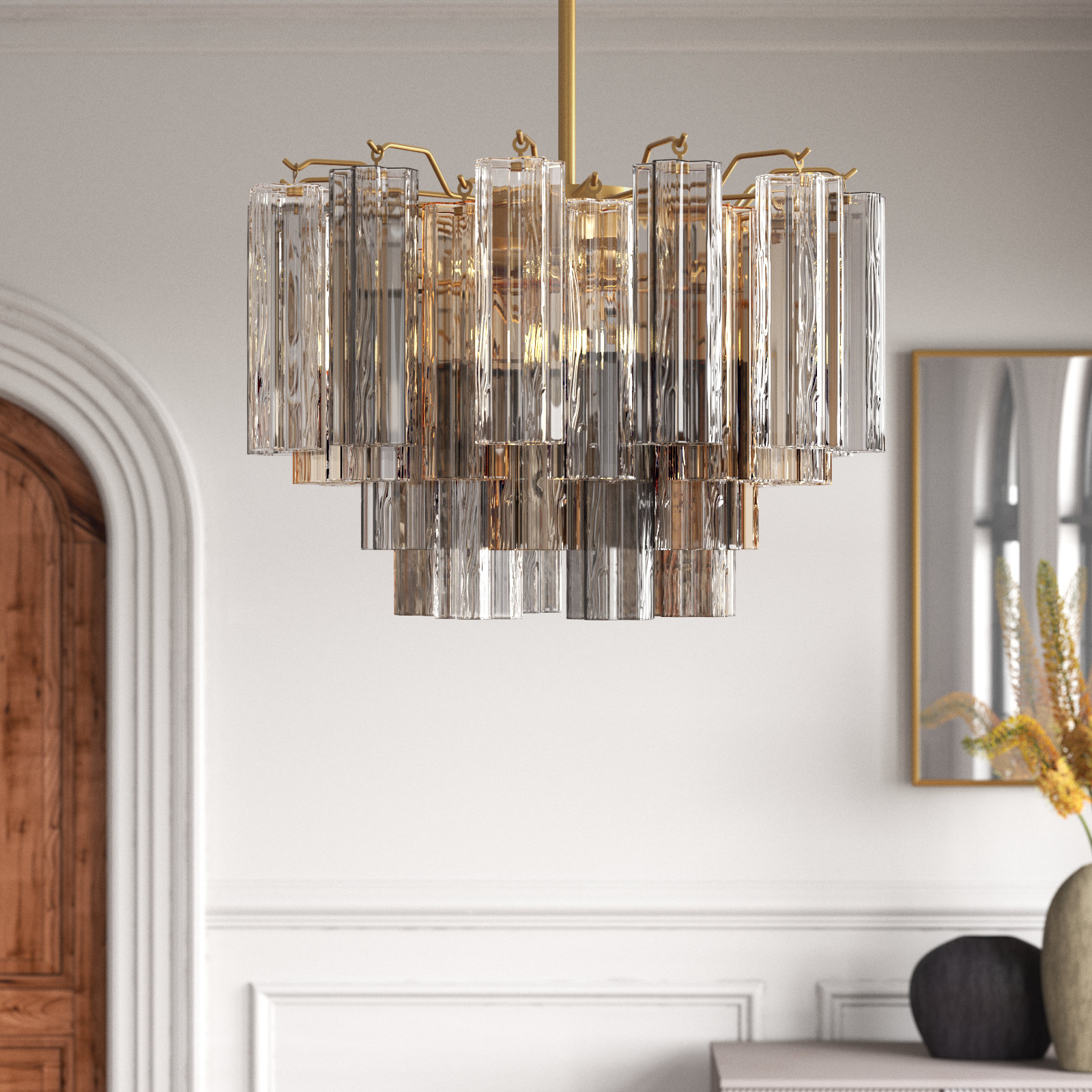 Arras 9-Light Chandelier, Aged Brass, Gray/Yellow, 14.25" H x 22" W x 22" D