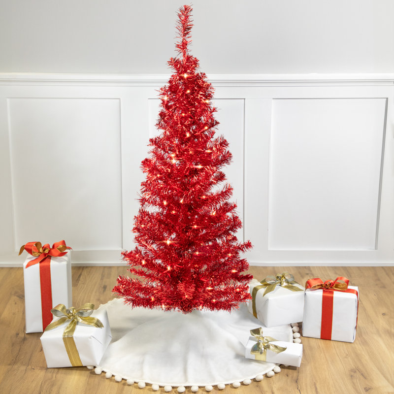 Pre-Lit Profile Artificial Tinsel Christmas Tree - Red, 4', Pre-Lit