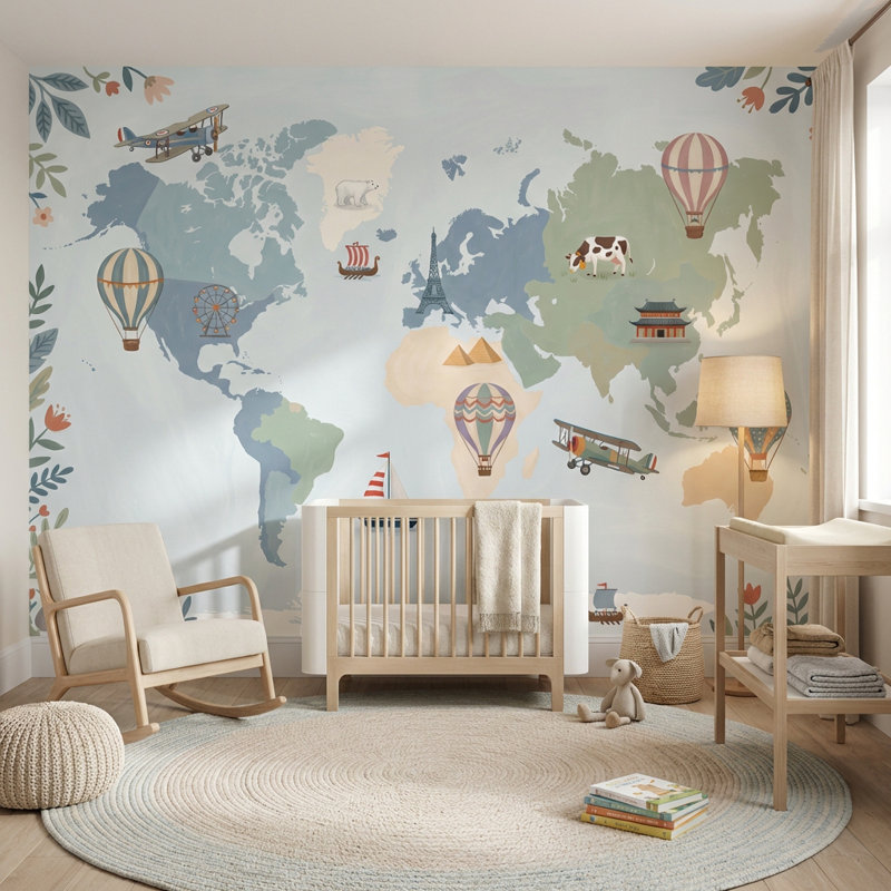 Papier peint carte du monde ballon aventure murale, 100 po x 96 po, Peler et coller