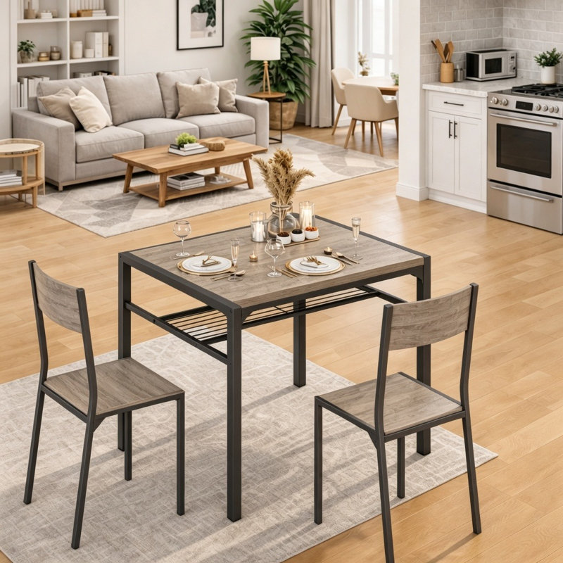 Ensemble de table de salle à manger 3 pièces pour 2 avec support de rangement sous la table et chaises Tuck-Under, Gris