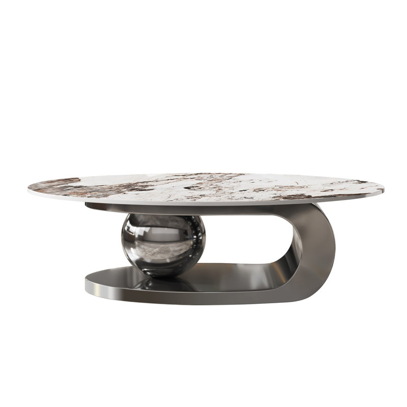 Table basse ovale en faux marbre de 125 cm (49,2 pouces) pour salon, table centrale moderne avec piètement en acier inoxydable pour la décoration intérieure