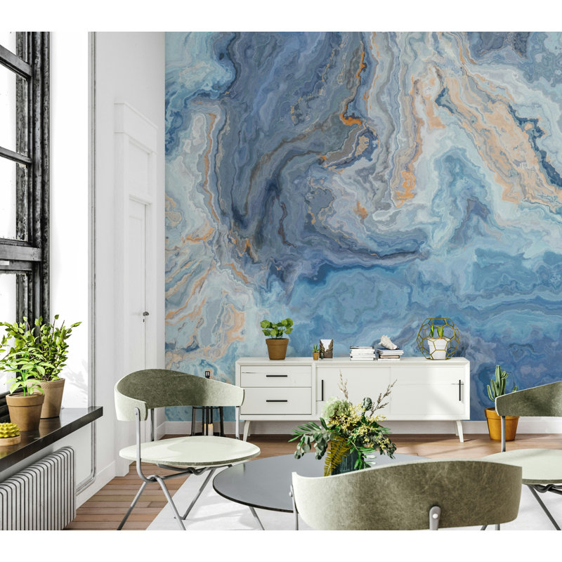 Papier peint effet marbre bleu avec veines dorées douces, L 100 po x l 150 po