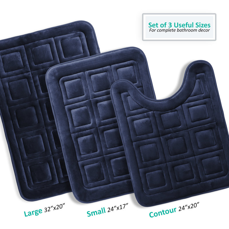 3 Piece Ultra Soft Absorbent Memory Foam Waffled Bath Rug Set, Navy